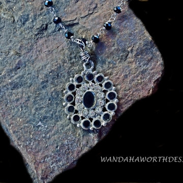 Vintage Restored 1920's pendant , Black Onyx High Polished Stones , Pewter Cast Setting , Zircon Accent  Stones
